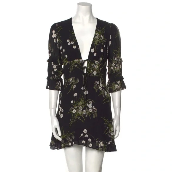 NWOT Reformation Lauralei Black Ruffled Puff Sleeve Veuve Floral Mini Dress 4 XS - Picture 10 of 13